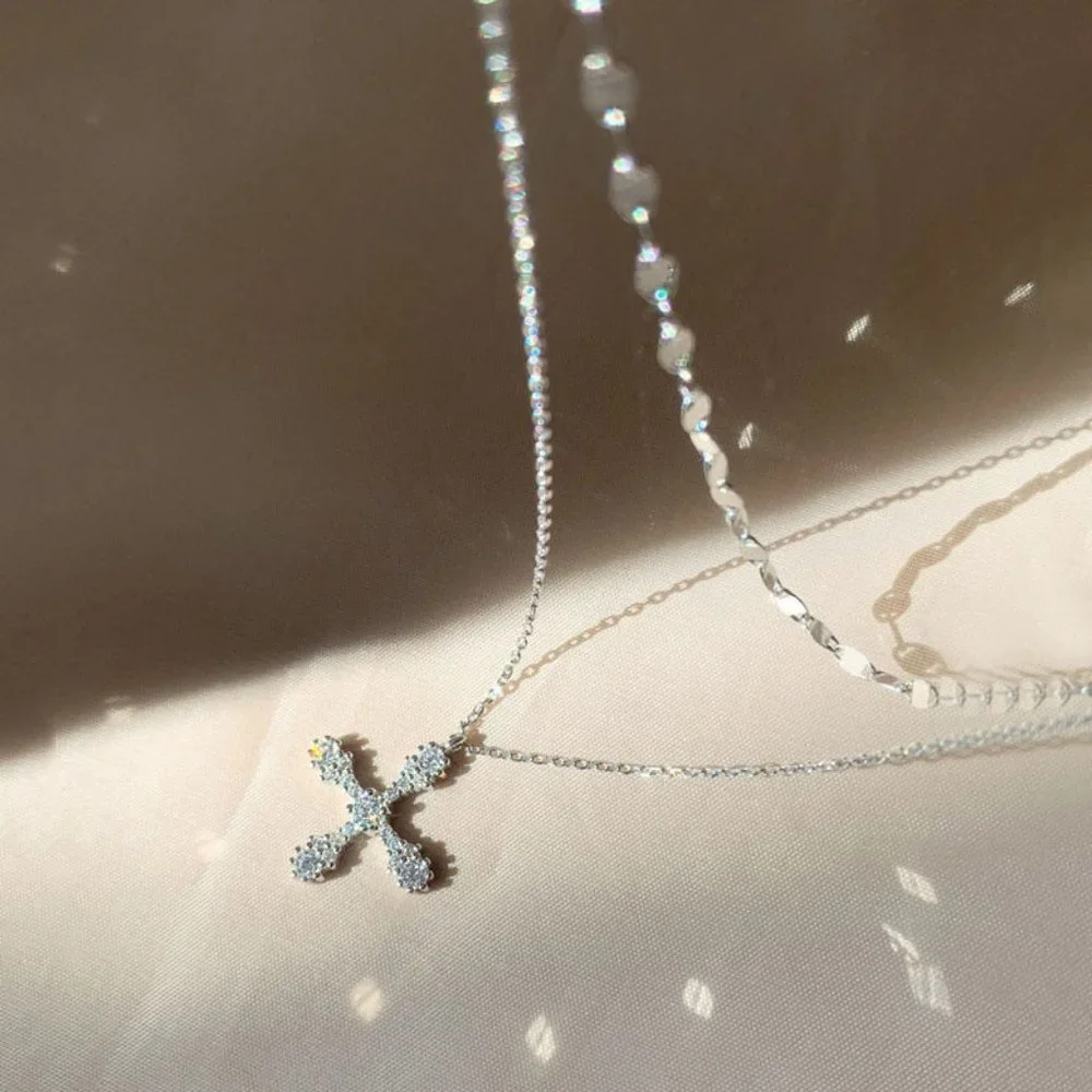 #NEW 925 Sterling Silver Diamond Cross Double Layer Necklace